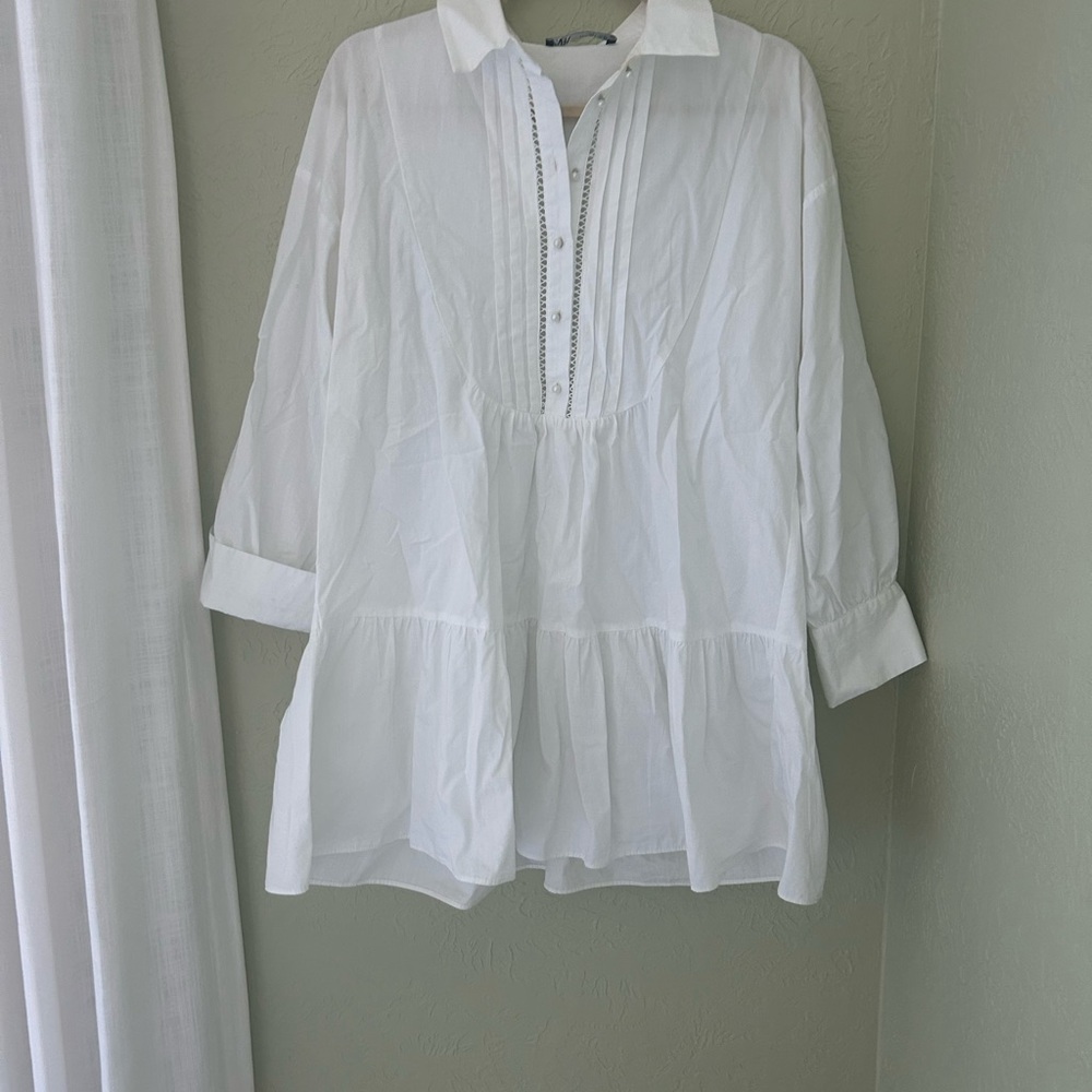 Zara White Button-Down Mini Dress or Tunic Blouse
